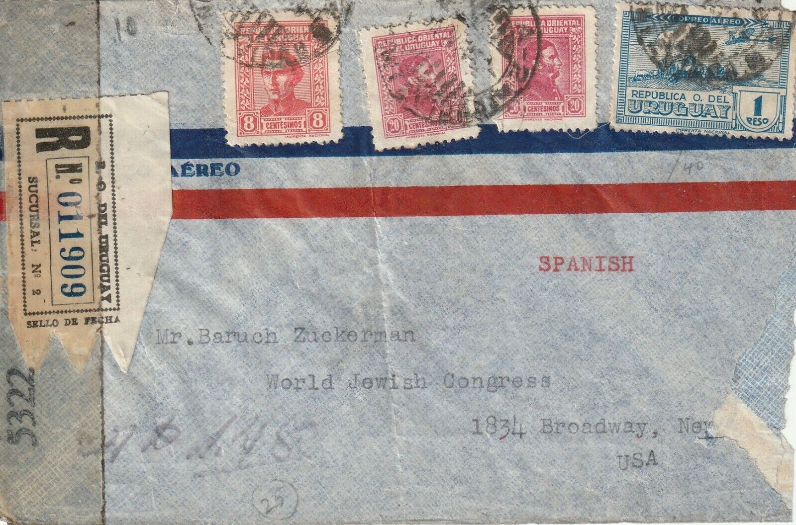 1944 Uruguay registrered censored cover sent from Montevideo to