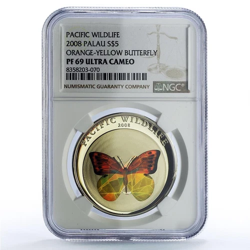 Palau 5 dollars Orange Yellow Butterfly Wildlife Fauna PF69 NGC silver coin 2008