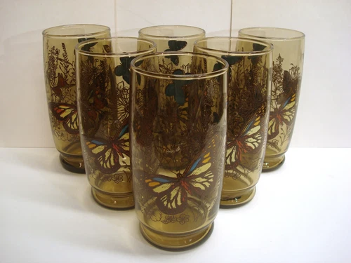 Anchor Hocking Butterfly Garden Tea Water 16oz Glass Tumblers Set of 6 Vtg Cool