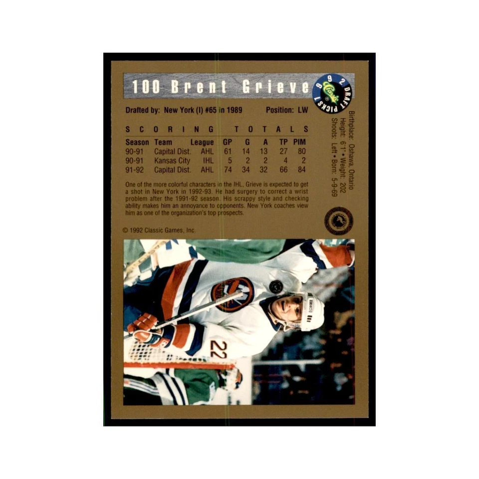 1992 Classic Draft Picks Brent Grieve Hockey Cards #100 - Image 2 of 3