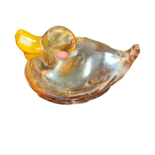 Vintage Jeanette Duck On A Nest Marigold Carnival Glass Dish Paint Wear On Bill
