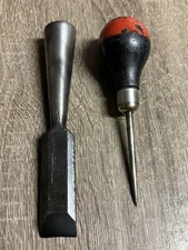 2 Vintage Tools: 4 1/4” Scratch Awl And Witherby Beveled Chisel 3/4” No Handle