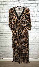 Flaws Women L, Brown Leopard Print Short Sleeve Beaded Neckline Jersey Dress