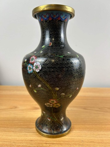 Early 20th Century Chinese Black Enamel Cloisonne Floral Design 9" Vase