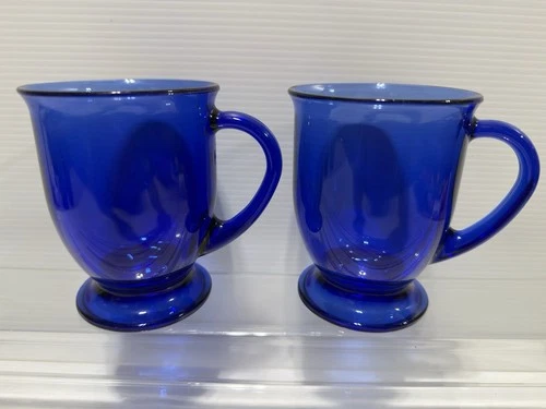 Vintage Set Of 2 Anchor Hocking Coffee Cafe Coffee Mugs Cobalt Blue Glass Footed