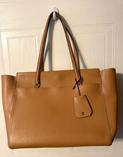 Tory Burch Large Tan Tote Bag Blue Lining Zip, Gold Hardware, Tag, Pockets
