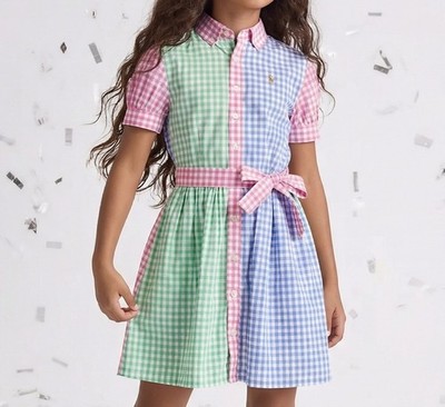 Polo Ralph Lauren Big Girls 16 Gingham Plaid Poplin Shirt Dress Belt Flesh Pony
