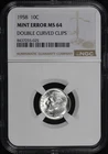 1958 Roosevelt Dime NGC MS-64 Mint Error Double Curved Clips @ 2 & 4 O'Clock