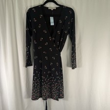 New LOFT Dress Women Small Petite Blue Floral Vneck Wrap Long Sleeve Knee Length