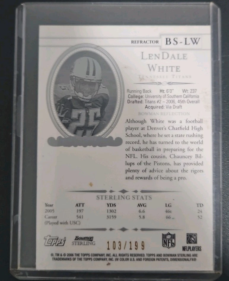 LenDale White - 2006 Bowman Sterling Relics RC #BS-LW - Game-Used Jersey Patch - Image 2 of 2