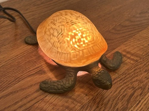 Vintage Tiffany-style Bronze Sea Turtle Lamp Night Light Golden Amber Shell