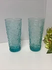 Pair Of 2 Vintage Anchor Hocking Lido Milano Aqua Blue Crinkle 12 oz Tumblers