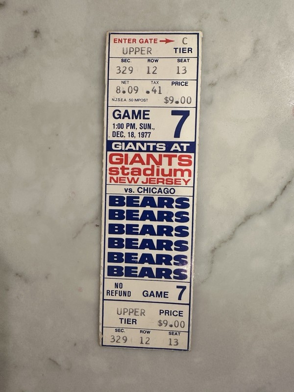 12/18/77 Giant vs Bears Slush Bowl Unused Ticket Payton/Csonka NM