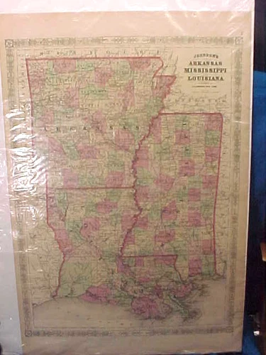 1866 CIVIL WAR Reconstruction ARKANSAS MISSISSIPPI LOUISIANA Color MAP 26 x 18