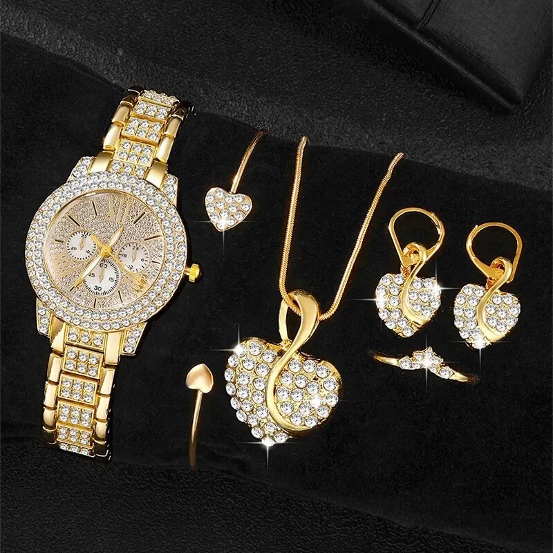 Luxury Gold Quartz Watch Jewelry Set Rhinestone Necklace Ring Earrings For Women