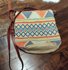 VINTAGE Y2K LUCKY BRAND FESTIVAL TOTE BAG WOVEN FIBER JUTE SNAP ZIP PURSE AZTEC