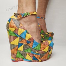 Women Platform Wedges Pumps Ankle Straps Faux Leather Print Round Toe Shoes Woma