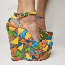 Women Platform Wedges Pumps Ankle Straps Faux Leather Print Round Toe Shoes Woma