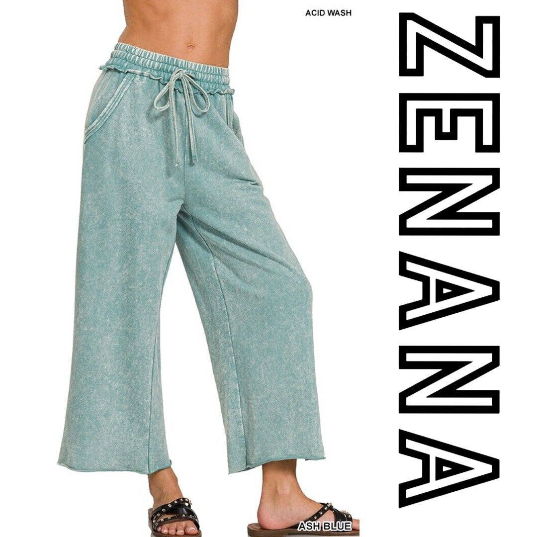 SIZE S-XL ZENANA ASH BLUE MINERAL WASHED FRENCH TERRY WIDE LEG PANTS/CROP BHCS