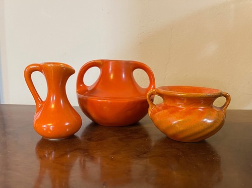 Stangl Art Pottery Vases Group of 3 Small Orange Art Deco Mid-Century Modern - Picture 3 of 11