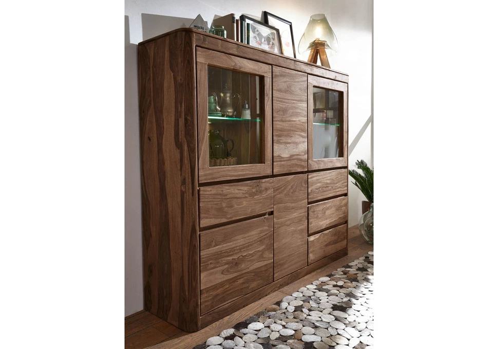 Highboard Wohnzimmerschrank Vitrine - m. Glasböden - Massivholz Sheesham 166x145 - Bild 2 von 4