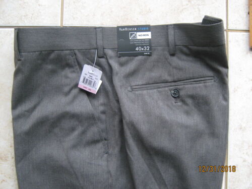 New Men's Van Heusen Studio 40 x 32 Slim Fit Gray Dress Suit Pants No Iron 40x32 - Picture 2 of 6