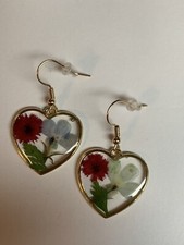 Blue Red Dried Pressed Flower Heart Shaped Earrings