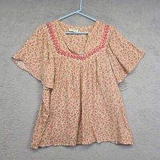Studio B by Bobeau Top Womens L Cream Floral Embroidered Boho Cottagecore Rusty