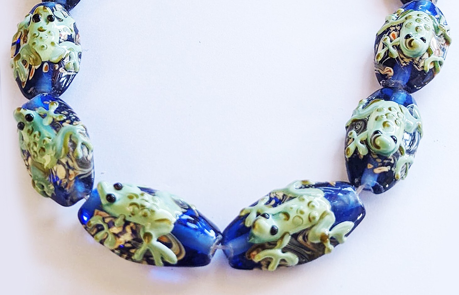 4 Handmade Lampwork Glass Beads Blue Long Oval Frog 28 mm 4 Beads (#a39)