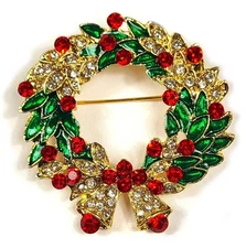 43mm Christmas Xmas Wreath Flower Brooch Rhinestones Pin Holiday Lapel Badge
