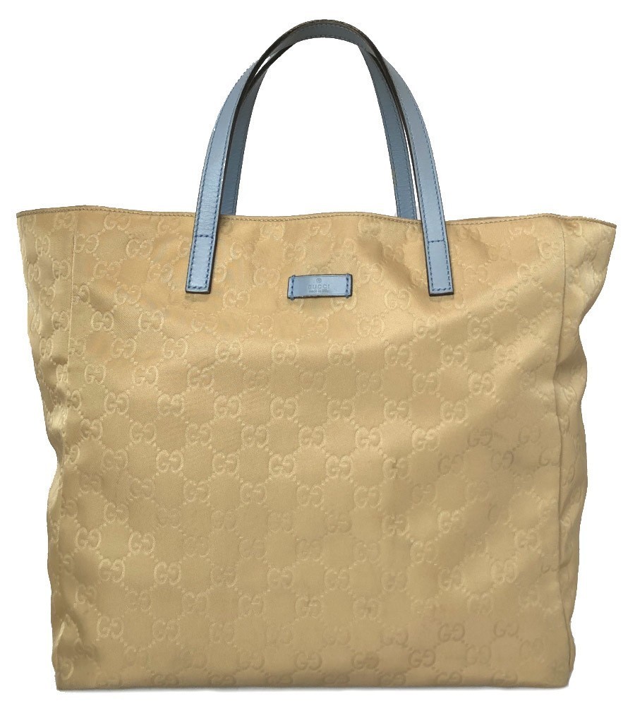 Authentic Gucci GG Nylon Tote Bag Beige Light Blue Canvas Leather Lightweight
