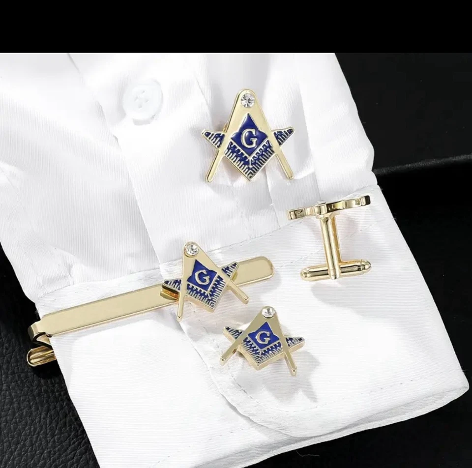 NUEVO EN CAJA Juego de gemelos de barra con clip de corbata masónica Free Mason y pasador de solapa tono dorado Foto 2 de 4