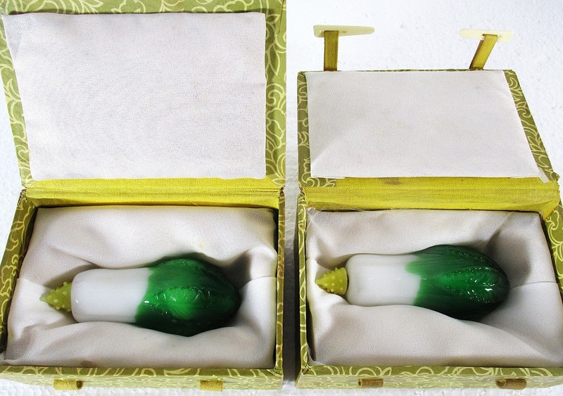 MATCHED PAIR SEPARATE BOXES PEKING GLASS BOTTLES, BOK CHOY CABBAGE MINT 