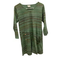 CMC Women Tunic Top Size XS Green Brown Boho Lagenlook Shirt Button Cotton Artsy