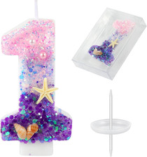 Birthday Candles, Pink and Purple Number 1 Candles Decorated with Conchs Starfis