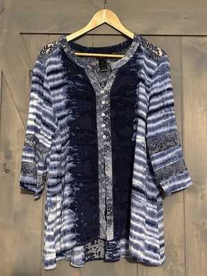 Ali Miles Top Womens XL Tunic Blouse Button Front Artsy Watercolor Lace Tie Dye