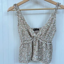 SHEIN Floral Smocked Cami Top with Ruffle Trim Cropped Stretch Plunging Neck