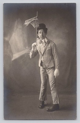 Sad Clown Vaudeville Costume w/ Umbrella RPPC Albert Bene Studio San Francisco