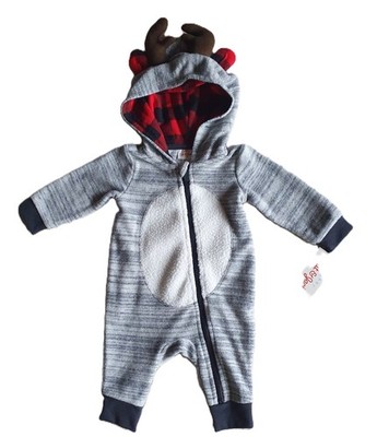 Baby Overall Fleece mit Kapuze HIRSCH mit Geweih grau Gr Newborn = 50 Neu
