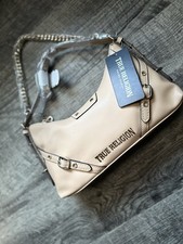 True Religion Beige Hobo Shoulder Bag Gold Logo Faux Leather NWT