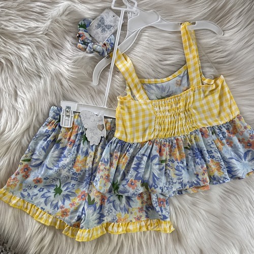 BTween Girls Size 5 Summer Shorts Set Floral Yellow Gingham Blue Rayon BxA - Picture 5 of 12
