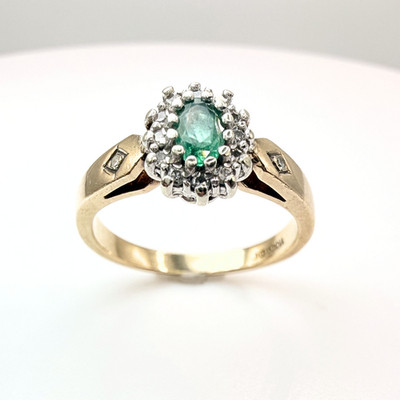 Cluster Ring 9 kt Gold Smaragd Diamant Vintage gepunzt Größe L
