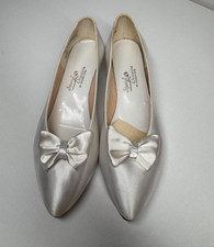 Vintage 80s Bridal Shoes White Satin Flats Bow Pointed Toe Wedding Heels Size 10