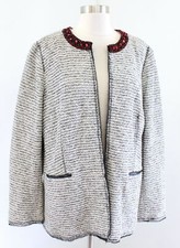 Chicos Black Ivory Tweed Knit Red Beaded Embellished Open Blazer Jacket Size 2