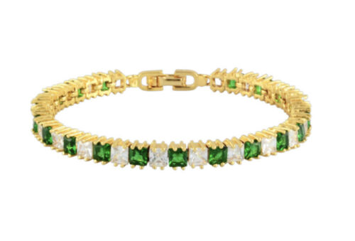 Yellow gold Finish Green Emerald & created diamond Princess Cut tennis bracelet - Picture 5 of 9