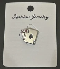 Poker 4 Aces  Engraved Silver Lapel Enamel  Pin  with Clasp  - 0.7” x 0.7”