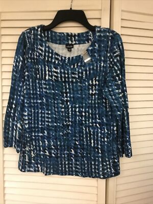 Rafaella 3/4 Sleeve Cotton Top, Blue W/Neck Detail, Sz Mdium
