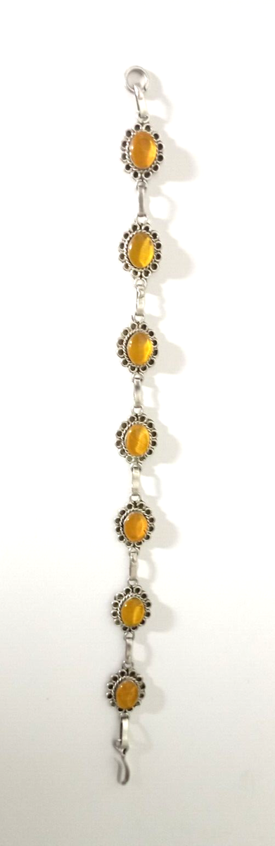 Bracelet Ancien En Argent Massif 925 Avec Cabochons D'ambre Naturel - Bon état Général