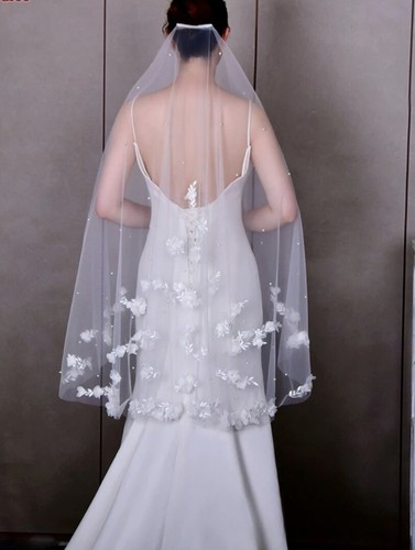 Bridal Cathedral Veil White 3D Luxury Floral Scattered Pearls Soft Tulle 300cm - Picture 5 of 12