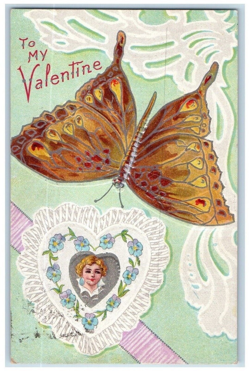 1910 Valentine Heart Boy Head Flowers Exaggerated Butterfly